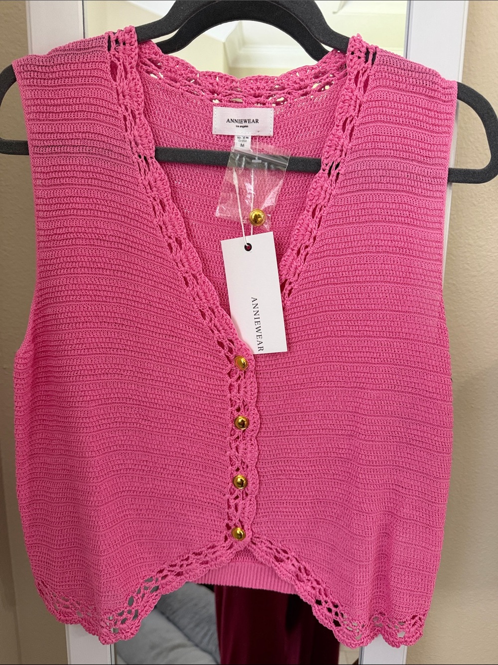 Annewear Pink Crochet-Trim Knit Tank Vest